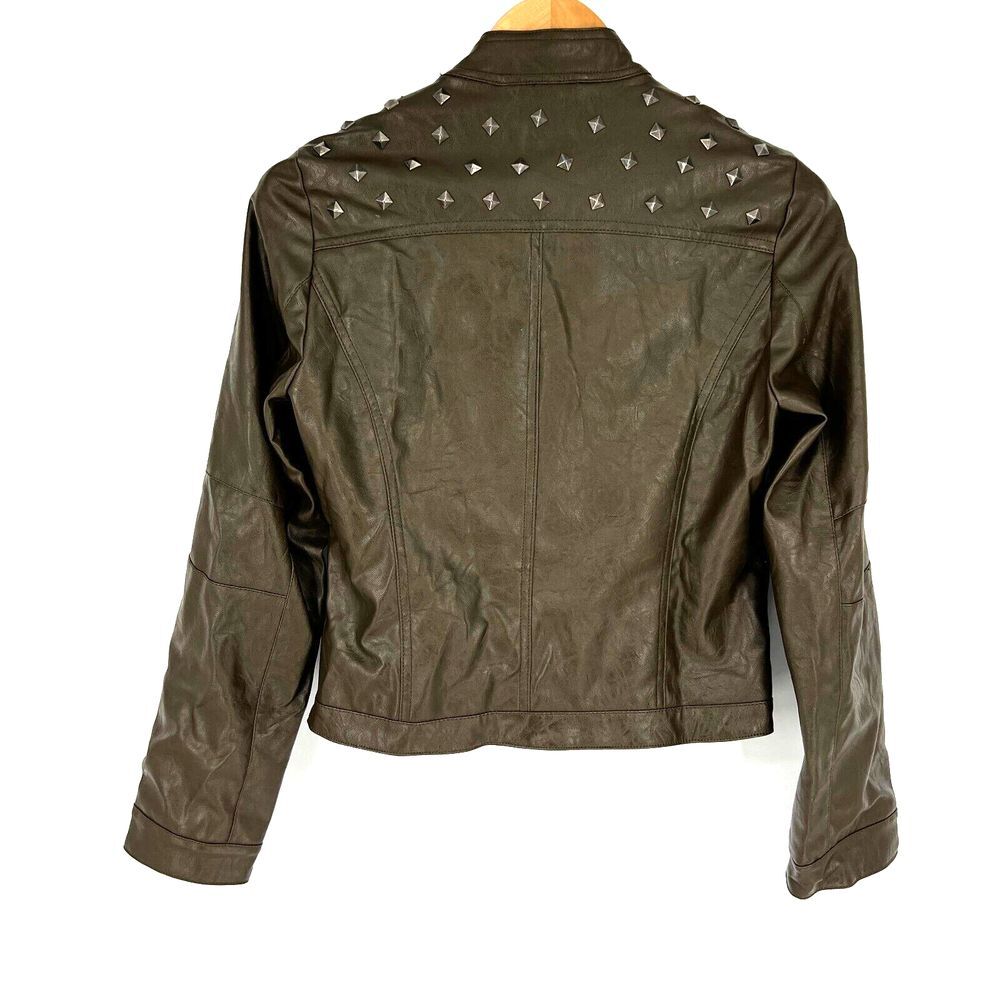 SANS SOUCI Brown Faux Leather Studded Moto Jacket Size S‎ Crop Long Sleeve Zip - Picture 2 of 12